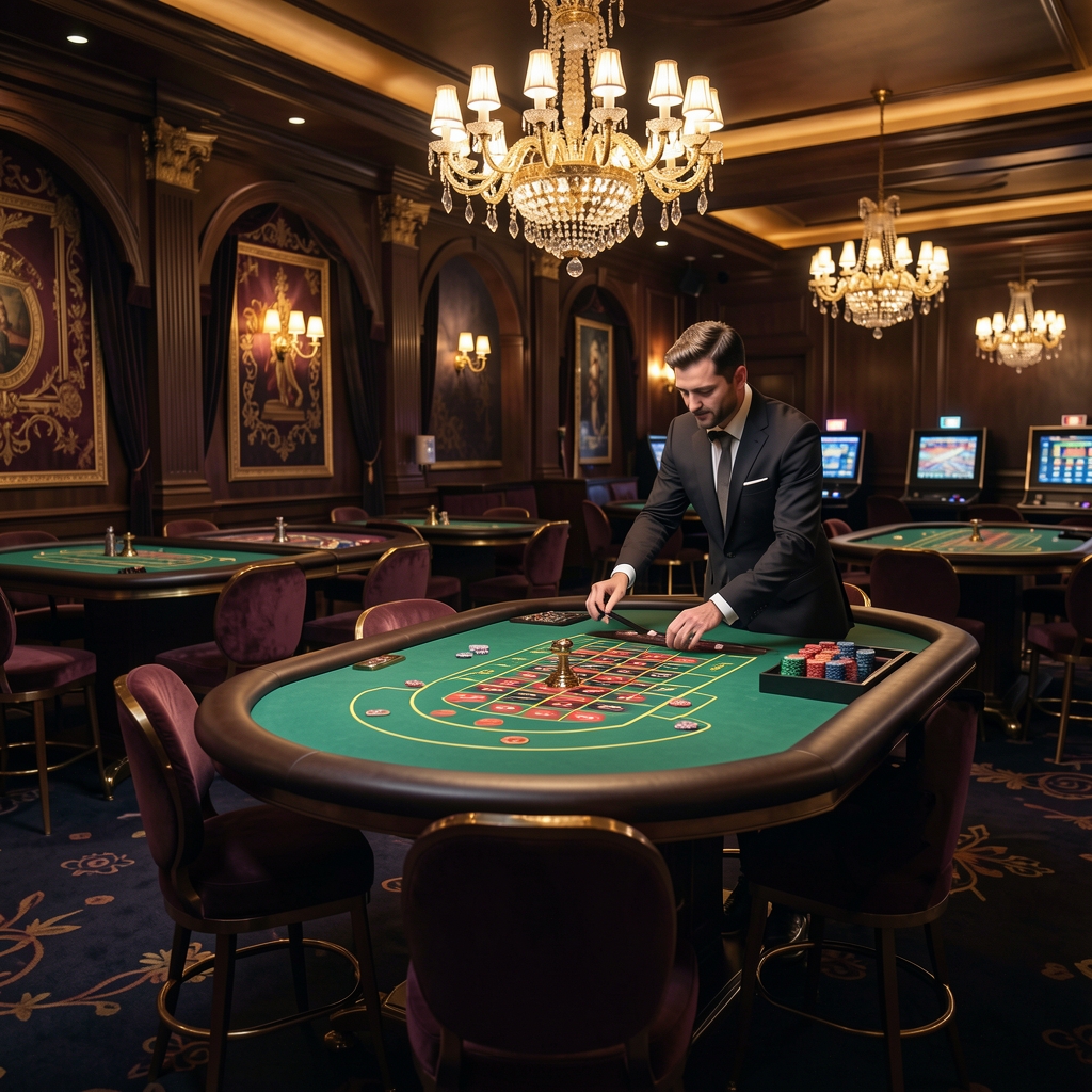 Unutrašnjost casino salona Monte Croatia s krupijeerom za rulet stolom, zelenom surfacom i zlatnom rasvjetom u tamnoj atmosferi