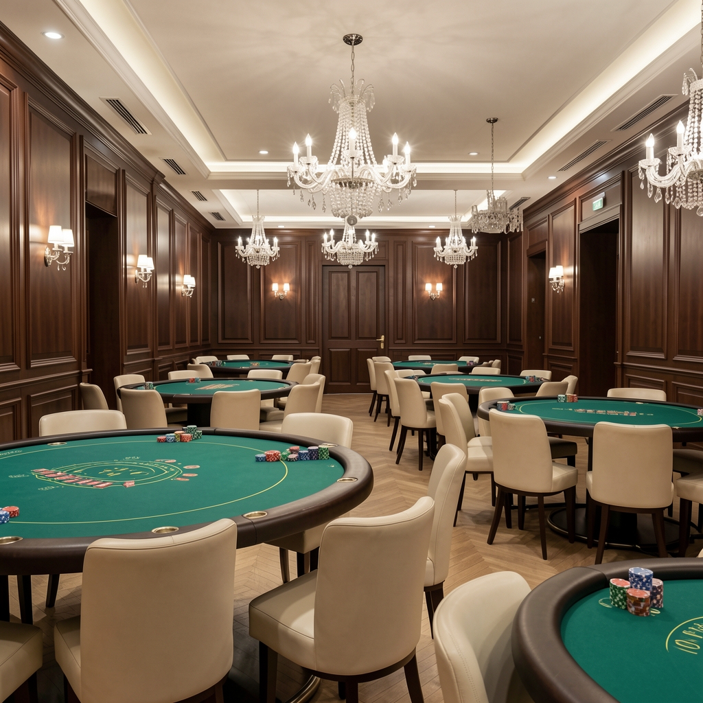 Ekskluzivni casino salon Monte Croatia s zelenim poker stolovima, krem kožnim stolicama, kristalnim lusterima i tamnim drvenim panelima u osvjetljenoj prostoriji