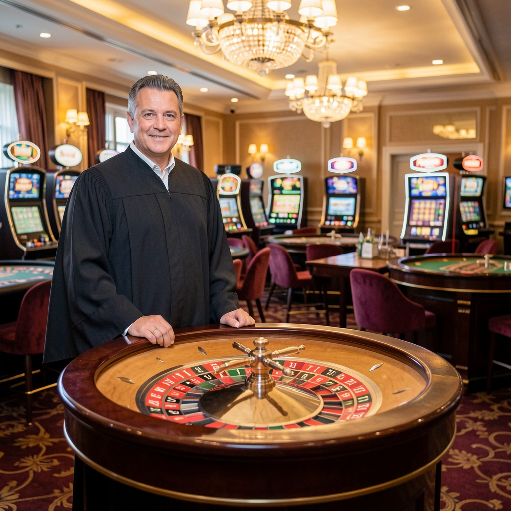 Portret Luka Tomić, casino menadžera u tamnoj odori, stoji u casino salonu ispred rulet stola