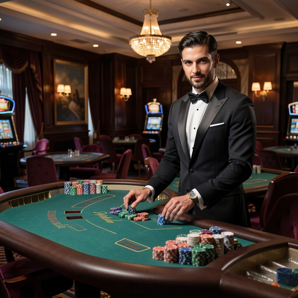 Baccarat stol s plavim chipovima i krupijeerom u formalnoj odori u tamnoosvjetljenom casino salonu