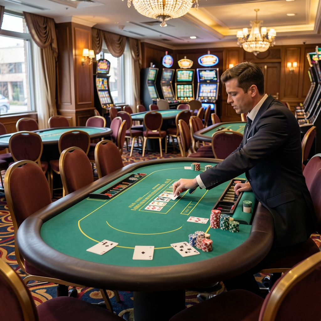 Blackjack stol sa sedam mjesta i krupijerom koji dijeli karte na zelenom filcu u casino salonu