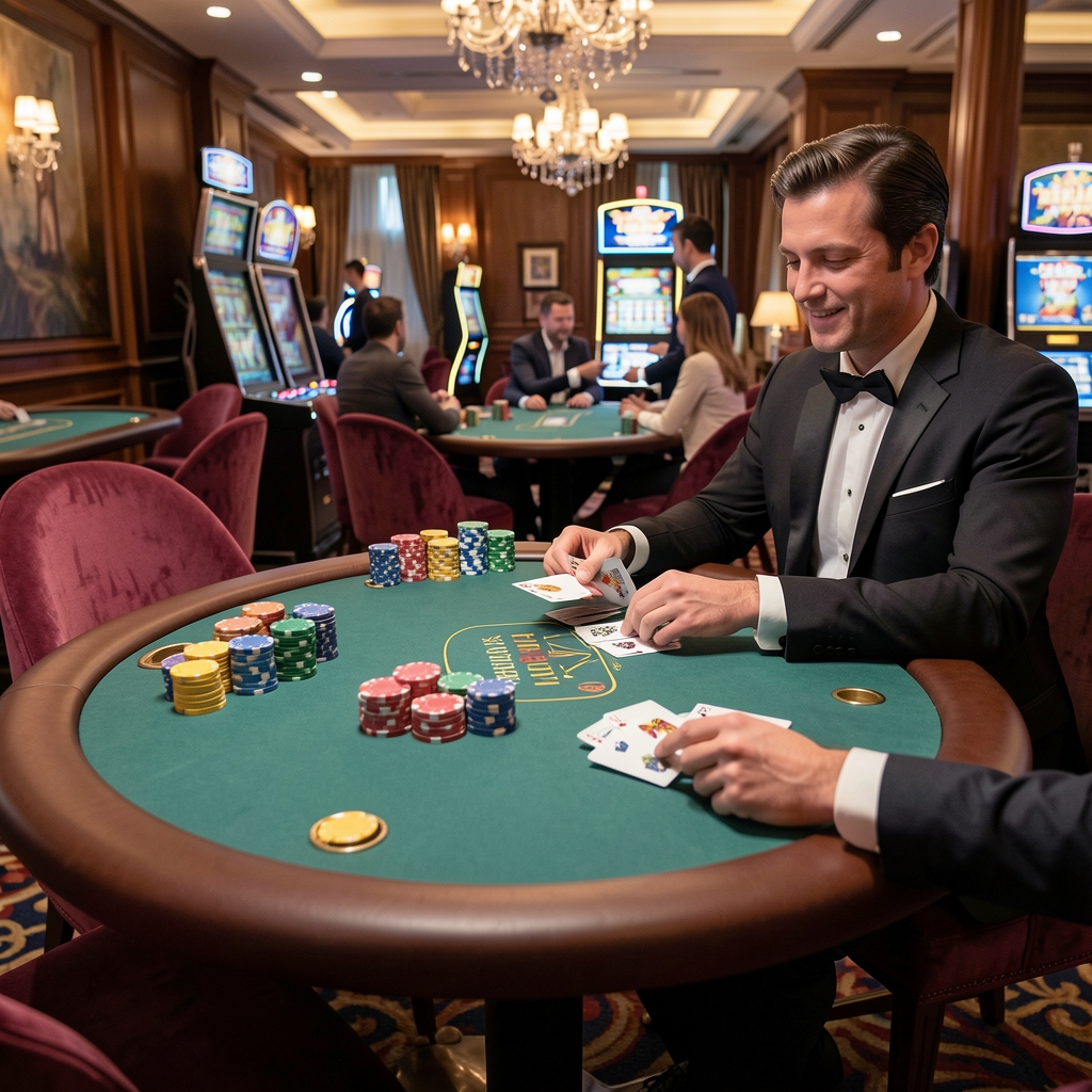 Poker Texas Hold em stol s plavim chipovima, kartama i krupijeerom u ekskluzivnom casino salonu