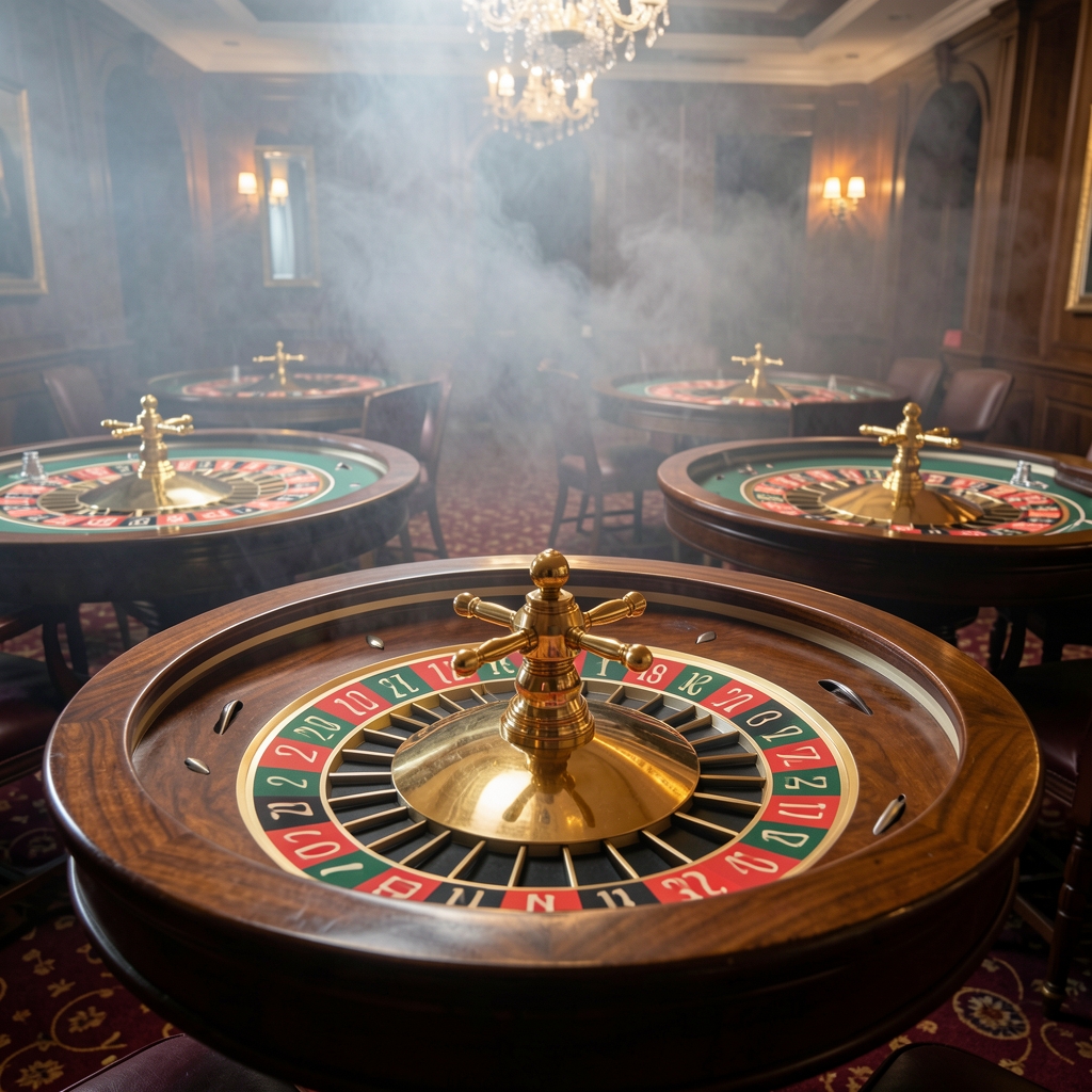 Europska rulet sa zlatnim kotačem i crvenom zelenom shemom na stolovima casino salona u dimnom osvjetljenju
