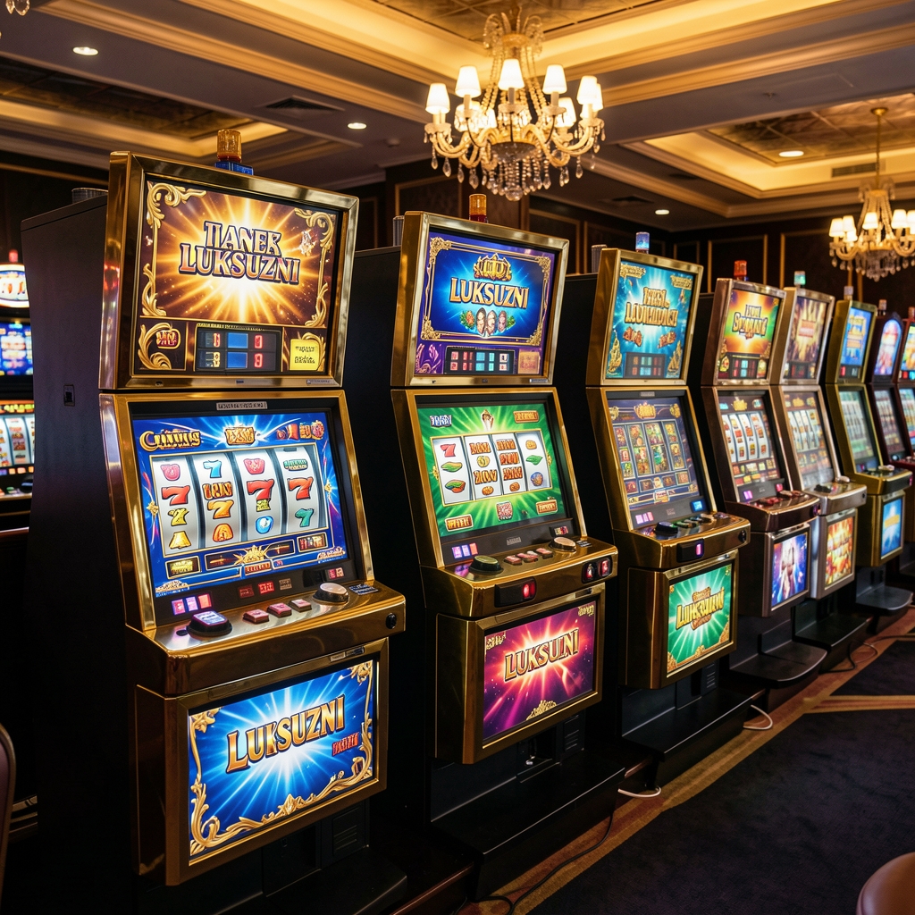 Luksuzni slot machine aparati u kasino salonu s jarkim ekranima i zlatnom dekoracijom u tamnoj prostoriji