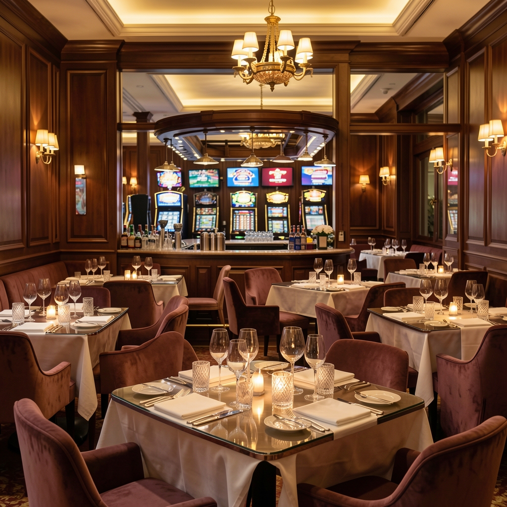 Elegantna unutrašnjost Monte Croatia restorana s casino salom, tamno drvo, mekano zlatno osvjetljenje i gezelne stolove s kristalnim čašama u zagrebu