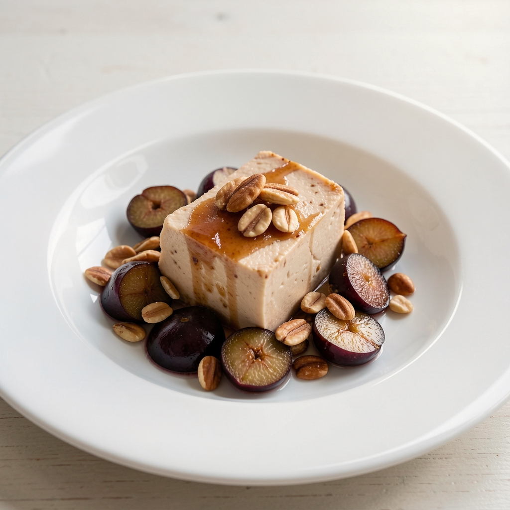 Panirani foie gras sa sosom od smokve i karameliziranog oraha na bijelom porculanu
