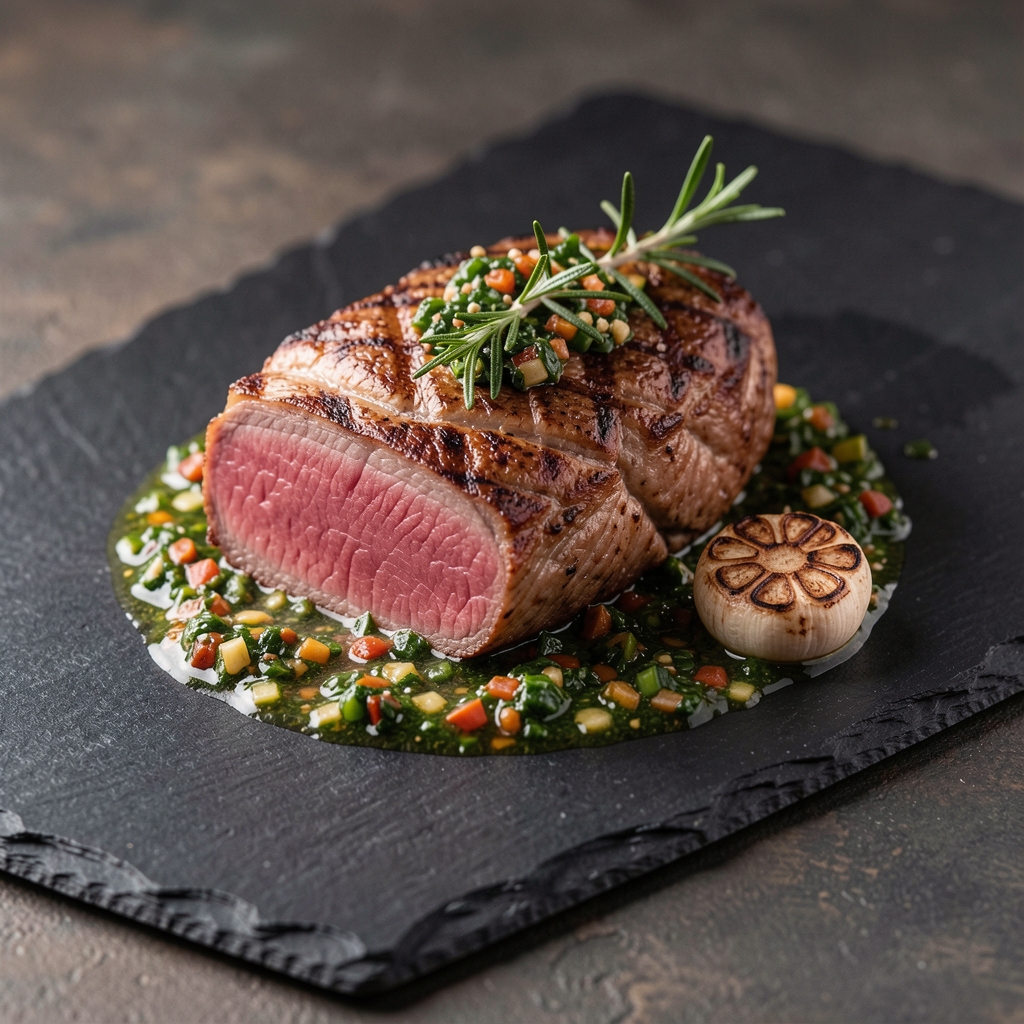 Srednje pečeni A5 wagyu odrezak s chimichurri umakom i pečenim češnjakom na crnoj sočnoj podlozi