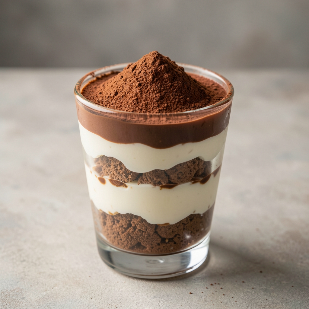 Elegantni tiramisu s espresso gelom i kakao praškom poslužen u prozirnoj staklenoj čaši