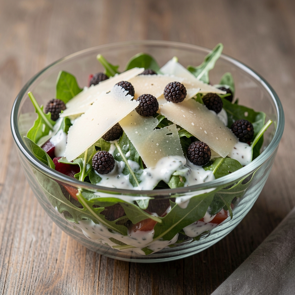 Sezonska salata s rukolom, parmezanom, crnim tartufima i vinaigrette preljevom u staklenoj zdjeli