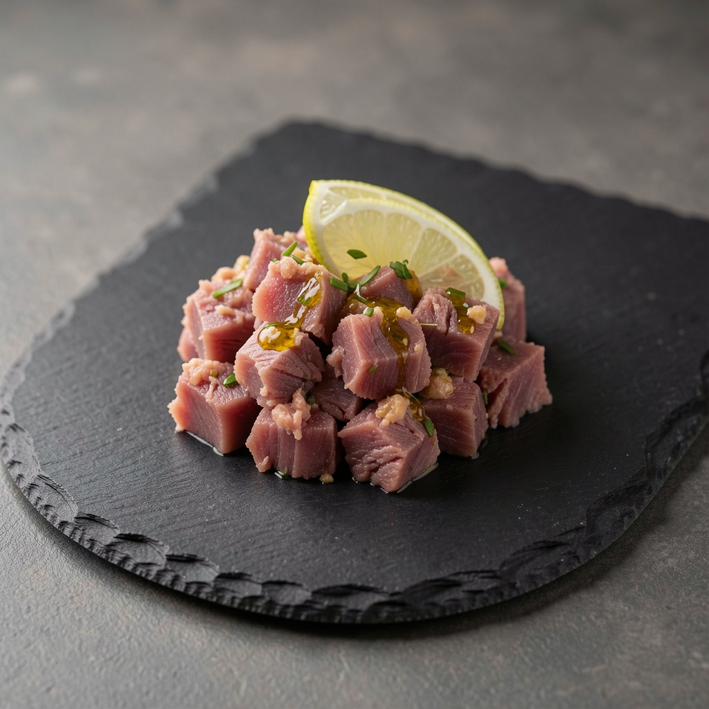 Tuna tatarski s kaparima i limunskim uljem na crnom kamenom poslužniku