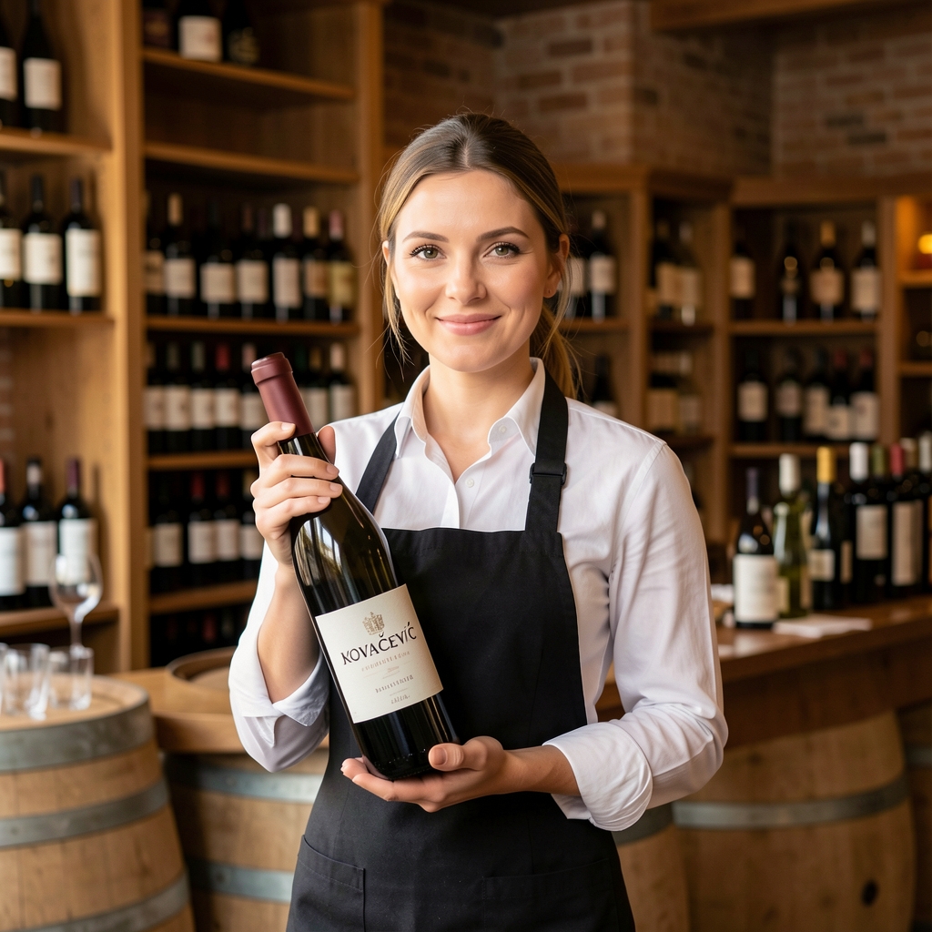 Portret Ana Kovačević sommelierke kako drži bocu vina pred vinarskim kavanom u profesionalnoj odori